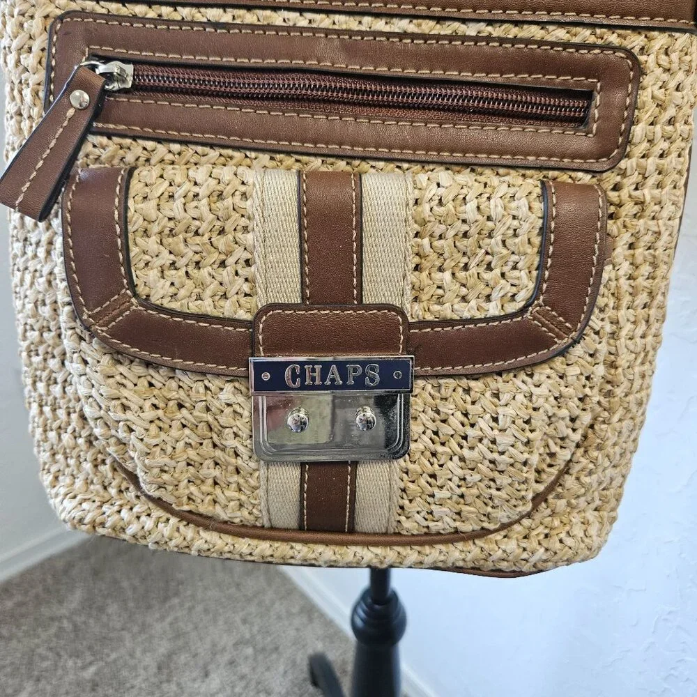 Chaps Straw & Faux Leather Crossbody Bag satchel purse Boho Cottage core Hippie - Picture 2 of 16